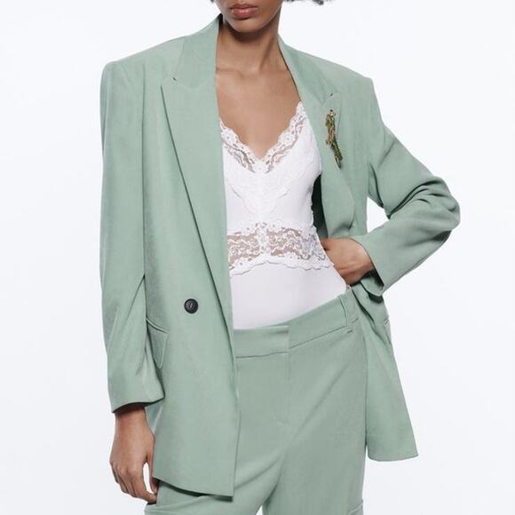 Zara Double Breasted Soft Oversized Blazer Jacket Light Green Shoulder Pads - Picture 12 of 13